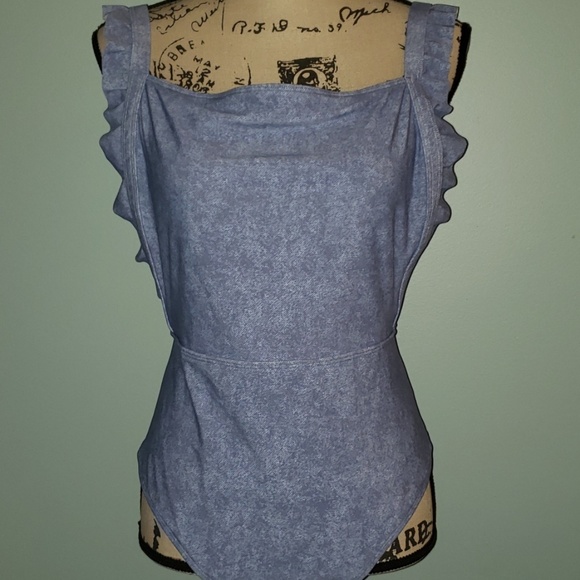 New Aerie Denim Overall Ruffle One Piece Swimsuit - Picture 4 of 8